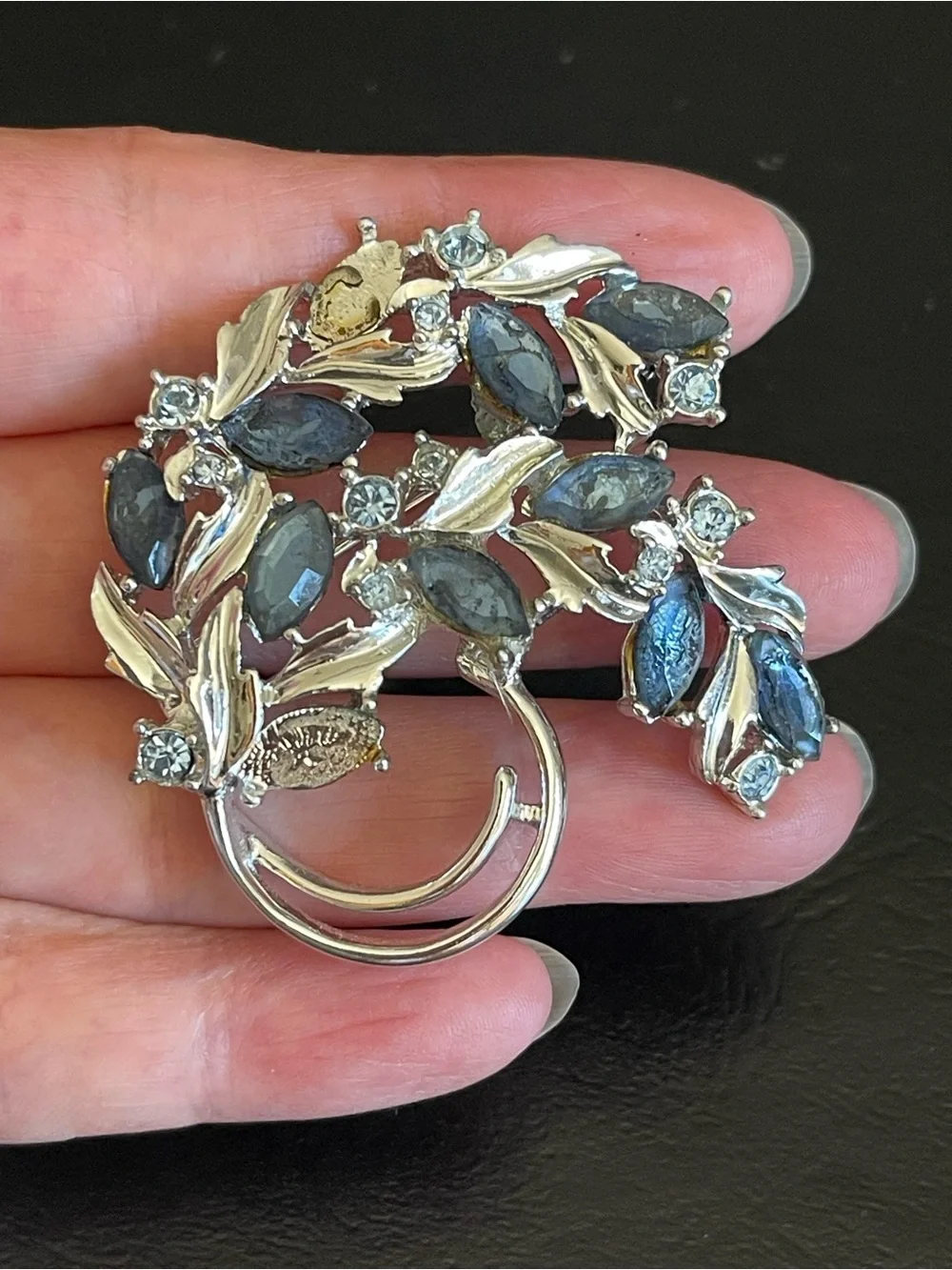 Vintage Sarah COV Silver-Tone Blue rhinestone Leaf Brooch and Clip-On Earrings